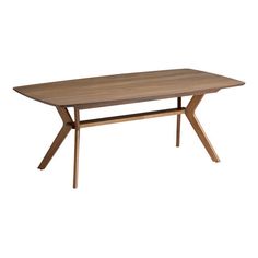 a wooden table with two crossed legs and a rectangular top, against a white background