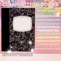 there is a computer screen with the words composition books and other colors on it in front of a pink background