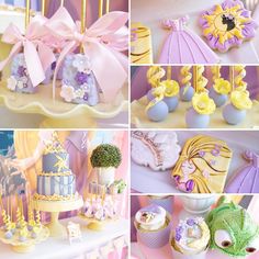 there are many different pictures of cakes and cupcakes on this table, including princesses