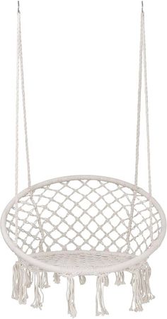 a white hanging hammock chair with tassels