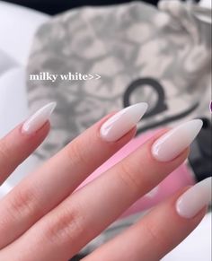 Milky Nails Almond Shape, Milky Stiletto Nails, Milky White Oval Nails, Milk White Almond Nails, Milky White Sparkly Nails, Milky White Nail Art, Milk White Nails, White Oval Nails, Milky White Nails