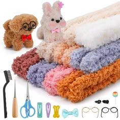 stuffed animals are laying on top of towels and other items next to scissors, eyeglasses, and combs