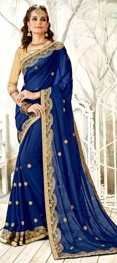 Faux Chiffon Party Wear Saree in Blue with Zari work Floral Print Sarees, Indian Party Wear