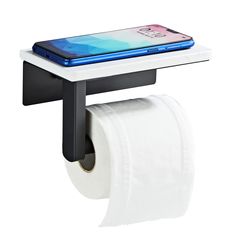 a cell phone mounted to a toilet paper holder