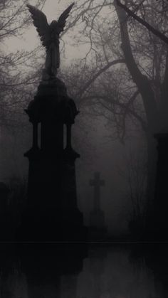 an angel statue in the middle of a cemetery with trees and water behind it on a foggy day