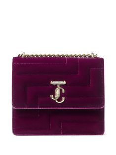 plum purple quilted crystal embellishment pale gold-tone hardware logo plaque internal logo patch foldover top with press-stud fastening leather and chain-link shoulder strap main compartment Pink Latte, Shoulder Bag Pink, Purple Quilts, Quilted Shoulder Bag, Jimmy Choo Bag, Fine Watches, Plum Purple, Fine Earrings, Ballet Flat Shoes