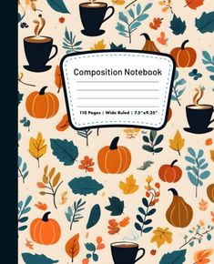 the composition notebook is decorated with autumn leaves and pumpkins