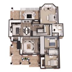 an overhead view of a three bedroom, two and a half bathroom apartment with open floor plans