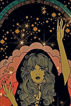 a drawing of a woman with her hand up in the air and stars above her head