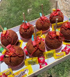 chocolate cupcakes with candies and candy sticks on a picnic table in the grass