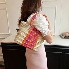 UAKISS - Summer Design Straw Tote Bags for Women Small Handmade Beach Bags 2024 Korean Fashion Woven Handbags Travel Shoulder Bags SIZE: (Upper Width)32cm * (Lower Width)26cm * (Height)22cm * (Thickness)10cm Handle Height:16cm Square Bag For Beach Season Shopping, Square Bags For Beach Season Shopping, Square Shopping Bag For Beach Season, Pink Crochet Satchel Bag For Summer, Orange Rectangular Beach Bag For Beach Season, Square Beach Shopping Bag, Square Beach Season Shopping Bag, Rectangular Orange Beach Bag, Orange Tote Beach Bag For Vacation