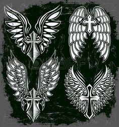 four different angel wings with crosses and cross on them, in the style of tattoo art