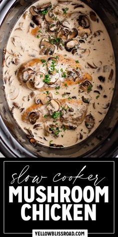 a crock pot filled with mushrooms and cream sauce