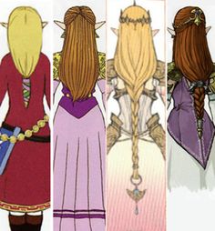 four different views of the same woman's hair and dress, from front to back