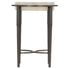 the side table is made from wood and has a white marble top with metal legs