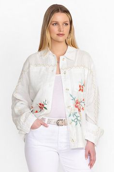 Crafted from 100% breathable linen, the Andrean Relaxed Linen Jacket is a lightweight layer. Featuring a traditional notched collar and button-front, this casual jacket is finished with front breast pockets and intricate embroidered floral bouquets. Wear over top a classic white tee and pair with relaxed fit denim for a polished casual look. Johnny Was Women's Relaxed Linen Jacket in White, Size XL, Linen/Denim, Floral Spring Linen Outerwear With Button Closure, Fall Linen Tops With Floral Embroidery, Linen Tops With Floral Embroidery For Fall, Floral Embroidered Linen Tops For Fall, Spring Linen Outerwear With Buttons, White Linen Outerwear, Embroidered Linen Tops For Spring, Bohemian Button-up Summer Outerwear, Bohemian Summer Button-up Outerwear