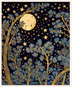 a painting with trees and stars in the night sky above it is a full moon