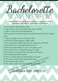 a green and white chevron pattern with the words bachelor scavenger hunt