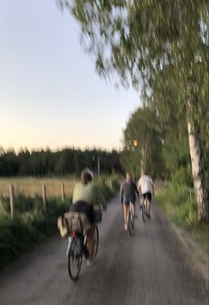 three people riding bikes down a country road