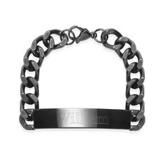 This engravable men's black stainless steel ID bracelet with thick curb links will add instant style to your everyday look. Crafted of polished black plated stainless steel, it's a great identification bracelet that's affordable and luxurious. It measure 8 inches long and has a 2 inch ID bar that can be custom engraved. With a lobster claw clasp, this masculine yet fashionable accessory for men remains securely fastened throughout the day.  For the perfect addition to his wardrobe, personalize it with an inscription that's both meaningful and full of style. Dogeared Jewelry, Coordinates Jewelry, Birthstone Charm Necklace, Heart Wedding Rings, Mens Chain Bracelet, Bar Jewelry, Jewelry Lockets, Hand Stamped Necklace, Rainbow Jewelry