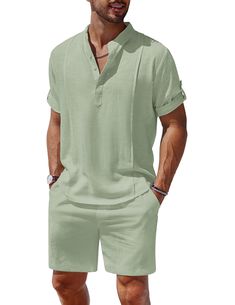 PRICES MAY VARY. 【Premium Fabric】This 2 piece beach set is made of great fabric, ultra-soft, lightweight and breathable, keep you cool and relaxed all the time in summer. 【Henley Shirt】Casual henley shirts feature with stand collar, relaxed fit, solid color, short sleeve(Roll-up), button placket, side split design. vertical pleats at front keep you casual and elegant at the same time. 【Casual Shorts】Lightweight and soft shorts design in stretchy waist with adjustable drawstring providing the max Mens Linen Outfits, Shorts Design, Mens Summer Outfits, Beach Yoga, Mens Linen, Henley Shirt, Shorts Summer, Linen Set, Designer Shorts