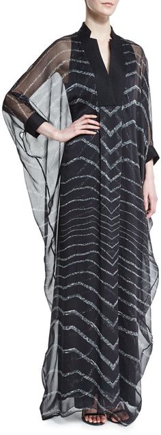 Halston Heritage 3/4-Sleeve Striped Caftan Gown, Black SAVE UP TO 75% OFF! CLICK FOR UPDATED SALES PRICE. Luxury Long Georgette Kaftan, Embellished Georgette Maxi Kaftan, Festive V-neck Georgette Kaftan, Luxury Georgette V-neck Kaftan, Black Printed V-neck Kaftan, Maxi Styles, Caftan Dress, Kimono Dress