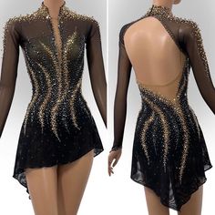 an image of a female figure wearing a black and gold leotard dress with sequins on it