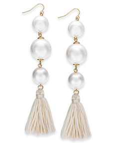 Pretty fringe tassels add a playful edge to these glamorous imitation pearl shoulder-sweeping drop earrings from Thalia Sodi.

 	Set in gold-tone mixed metal
 	Approx. drop: 4-1/2"
 	Fish hook Winter Shoe Trends, Tassel Drop Earrings, Fashion Jewelry Earrings, Tassel Fringe, Drop Earring, Party Shoes, Designer Earrings, Earrings Jewelry, Fashion Watches