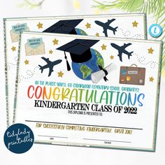 two graduation certificates with the words congratulations, and an image of airplanes flying above them