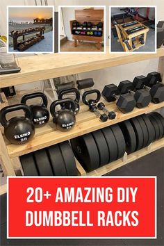 there are many different things in the room with dumbbells on it and some black plates