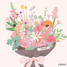 a bouquet of flowers in a vase with a pink bow