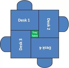 a blue box with the words desk 1, tray 2 and desk 3 on it