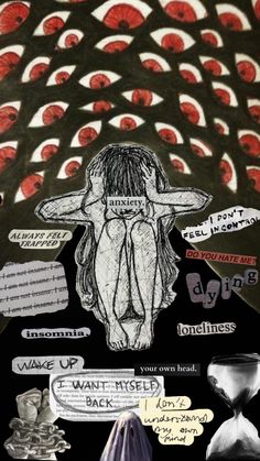 a collage of various stickers and words on a black background with an image of a woman's head