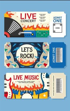 two concert tickets with the words let's rock and live music written on them