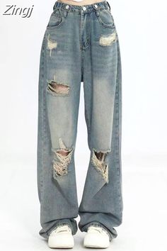 Baggy Ripped Jeans, Pants Streetwear, Jumpsuit Elegant, Y2k Jeans, Long Jeans, Streetwear Style, Streetwear Fashion Women, Ripped Denim