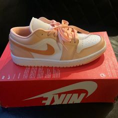 New Jordan 1 Peach Low Tops. Sporty Peach Lace-up Sneakers, Peach Low-top Sports Sneakers, Casual Peach Round Toe Sneakers, Peach Lace-up Sneakers For Sports, Peach Round Toe Sneakers For Streetwear, Nike Jordans, Shoes Air, Womens Jordans, Newest Jordans