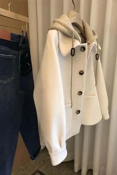 Woolen Hooded Stitching Coat Jacket – Tomscloth Oversized White Buttoned Outerwear, Oversized White Outerwear With Buttons, Oversized White Hooded Jacket For Fall, Coat Korean, Chic Shirts, Flared Sleeves Top, Hip Hop Outfits, Woolen Coat, Women Sleeve