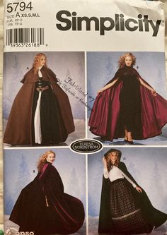 Great Classic Style Capes! Perfect for evening wear and re-enactments: Edwardian/ Victorian inspired full-cut, dramatic capes with short over-cape, or two styles of hoods. In brocade, velvet, jacquard, silks or satins. Lively classic styling by Teresa Nordstrom.. Misses size XS-S-M-L.  Simplicity pattern #5794, from 2002. Complete, uncut and in great condition; envelope is included and has minimal wear. U.S. BUYERS PLEASE NOTE:  this item is shipping from CANADA, so delivery time may take a litt Cloak Sewing Pattern, Dress Pattern Free, Cloak Pattern, Cape With Hood, Simplicity Patterns Vintage, Cape Pattern, Costume Sewing Patterns, Hooded Cape, Costume Patterns