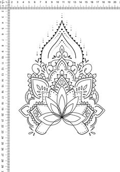 a black and white drawing of a flower with leaves on the bottom, in front of a ruler