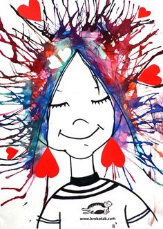 a drawing of a girl with her eyes closed and hair blowing in the wind, surrounded by hearts