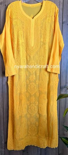 Gorgeously hand embroidered fine georgette deep yellow color kurta.  Includes matching liner Kurta Length-52 inches Chikankari Kurta, Deep Yellow, Yellow Color, Womens Clothing Tops, Hand Embroidered, Tops & Tees, Yellow, Clothes For Women, Free Shipping