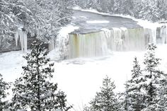 a waterfall surrounded by trees covered in snow