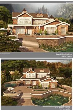 two renderings of the front and back of a house with steps leading up to it