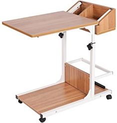 a computer desk with wheels and a wooden top