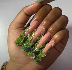 Nails W Butterflies, Garden Acrylic Nails, Disney Acrylic Nails, Green Acrylic Nails, Colored Acrylic Nails, Moss Garden