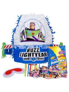 the buzz lightyear party kit includes candy, toothbrushes and other items