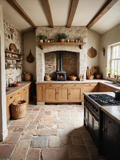 a kitchen with stone floors and an oven