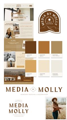 the brand identity for media moly is shown in brown and tan tones, with an image of a woman