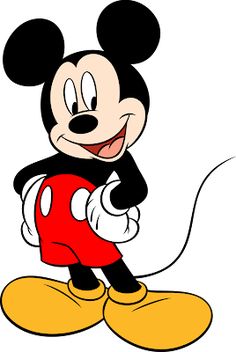 a cartoon mickey mouse is smiling and pointing to the side with his right arm out