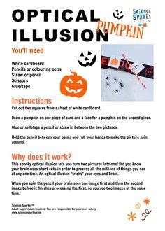 an advertisement for a pumpkin themed event with pictures and text on the front page, which reads optical illusion pumpkin you'll need